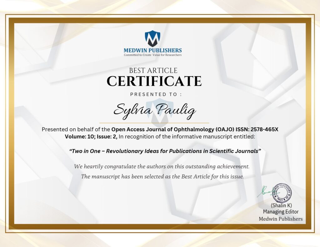 شهادة بيضاء عليها نص بالانجليزية مع ختم ذهبي وتوقيع محرر المجلة